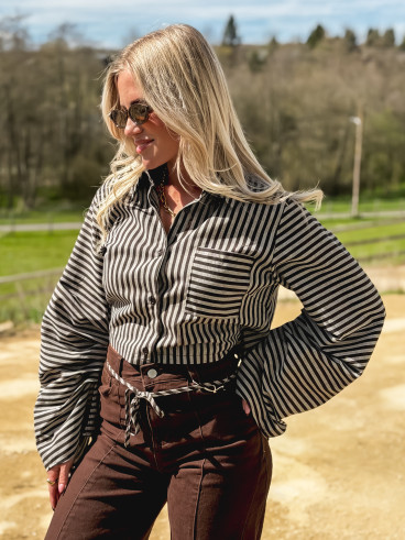 Crop chemise lignée Alina - Chocolat