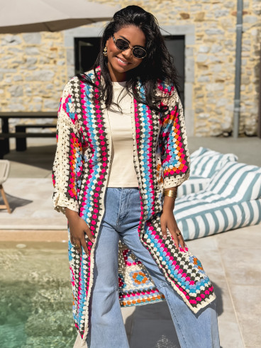 Gilet long en crochet Vélana - Multicolore