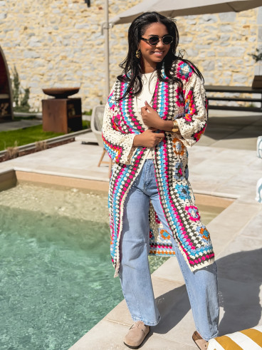 Gilet long en crochet Vélana - Multicolore