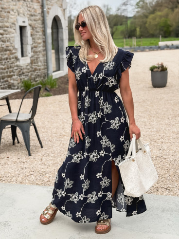 Robe longue à fleurs Aida - Bleu marine