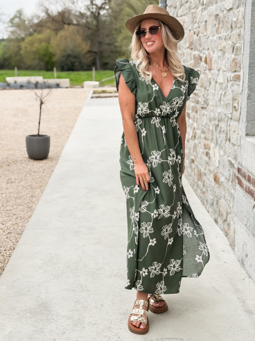 Robe longue à fleurs Aida - Kaki