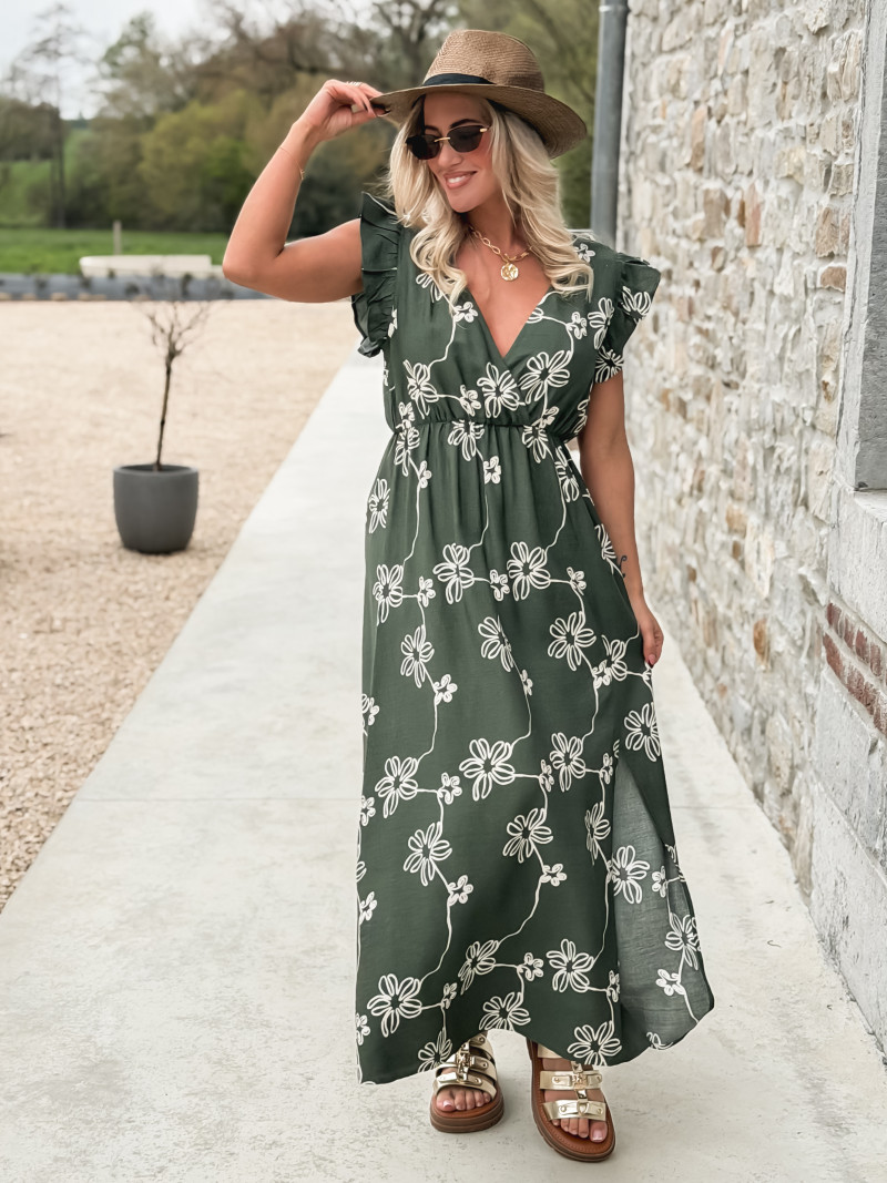 Robe longue à fleurs Aida - Kaki