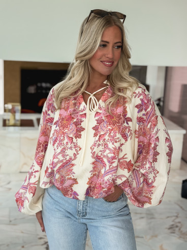 Chemisier à motif Athénaïs - Crème/Rose