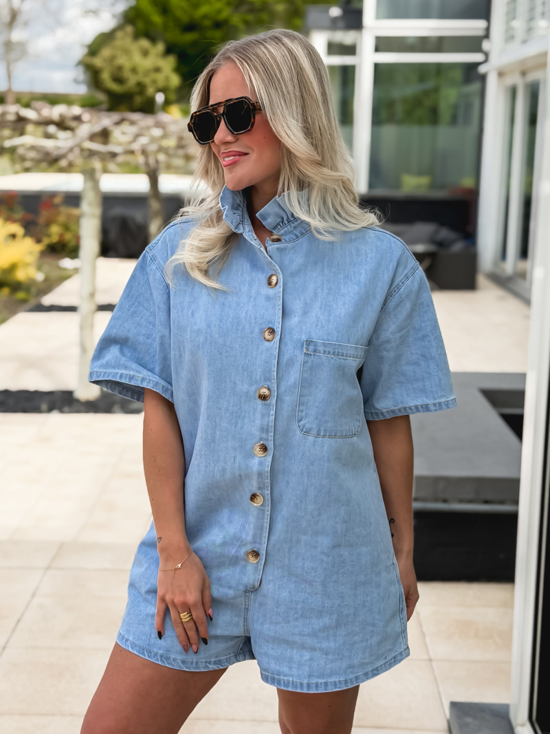 Combinaison short en jeans Vanina - Bleu clair