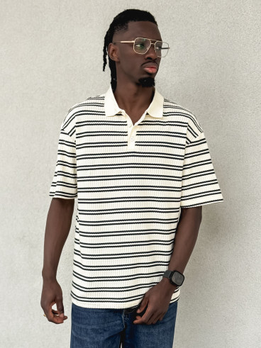 Polo ligné Sébastien - Ecru/Bleu marine