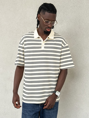 Polo ligné Sébastien - Ecru/Bleu marine