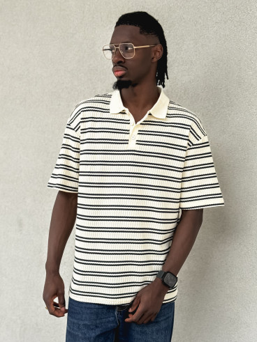 Polo ligné Sébastien - Ecru/Bleu marine