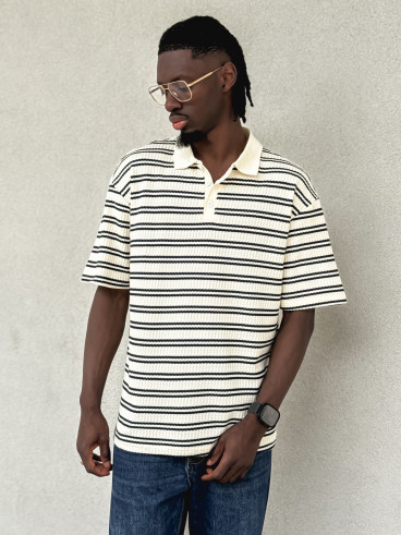 Polo ligné Sébastien - Ecru/Bleu marine