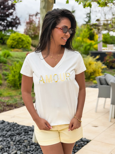T-shirt "Amour" - Blanc/Jaune