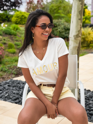 T-shirt "Amour" - Blanc/Jaune