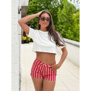 Short en jeans ligné Charlotte - Rouge/Rose