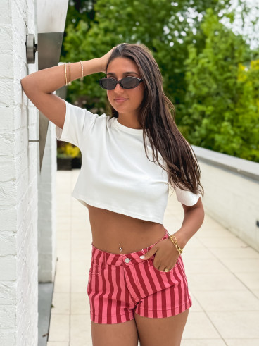 Short en jeans ligné Charlotte - Rouge/Rose