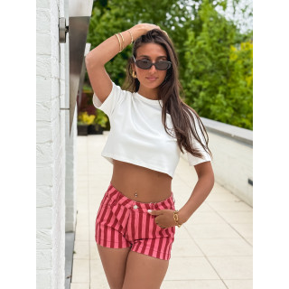 Short en jeans ligné Charlotte - Rouge/Rose