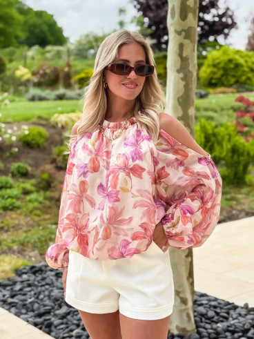Chemisier à motifs fleuris manches longes crème et rose