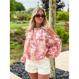 Chemisier à motifs fleuris manches longes crème et rose