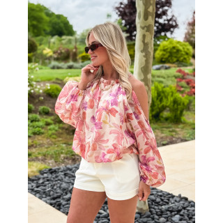 Chemisier à motifs fleuris manches longes crème et rose