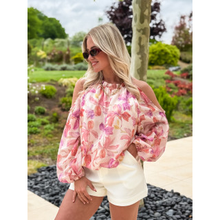Chemisier à motifs fleuris manches longes crème et rose