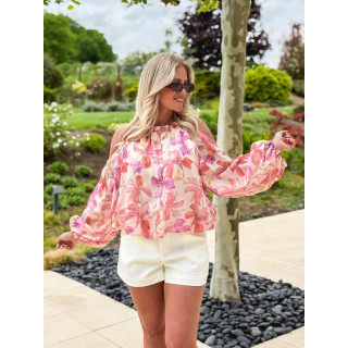 Chemisier à motifs fleuris manches longes crème et rose