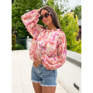 Chemisier à motifs fleuris manches longes crème et rose