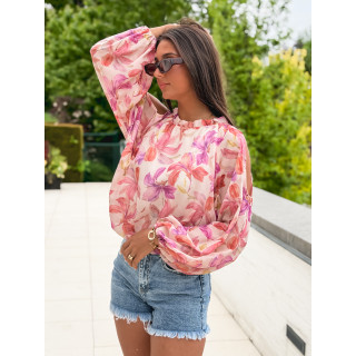 Chemisier à motifs fleuris manches longes crème et rose