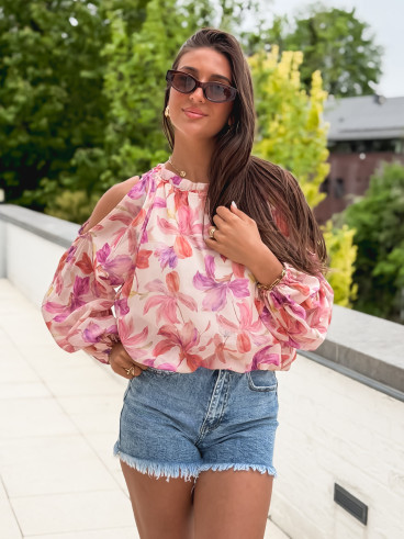 Chemisier à motifs fleuris manches longes crème et rose