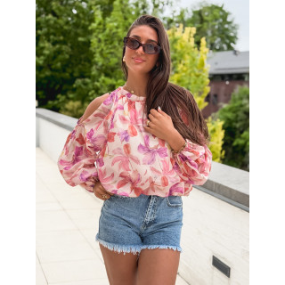 Chemisier à motifs fleuris manches longes crème et rose