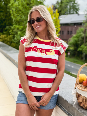 T-shirt ligné "Lemon tea" - Rouge/Blanc