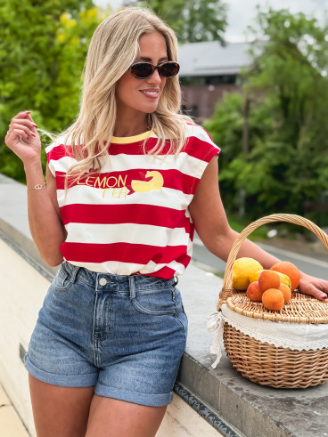 T-shirt ligné "Lemon tea" - Rouge/Blanc