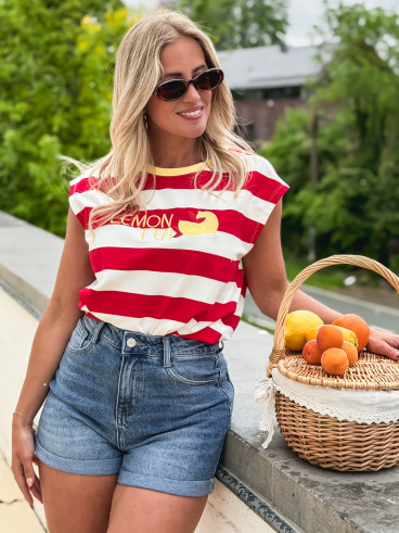 T-shirt ligné "Lemon tea" - Rouge/Blanc