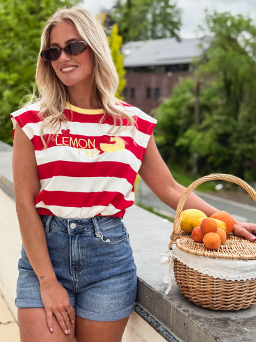T-shirt ligné "Lemon tea" - Rouge/Blanc
