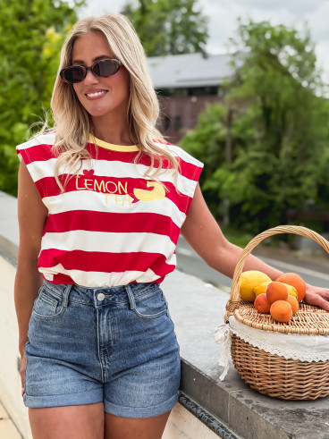 T-shirt ligné "Lemon tea" - Rouge/Blanc