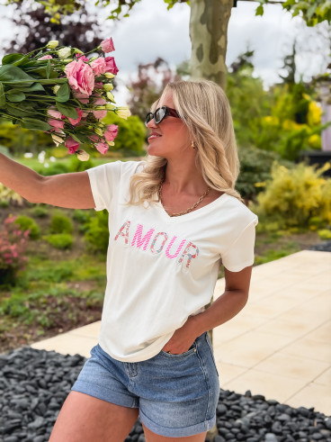 T-shirt "Amour" - Blanc/Rose