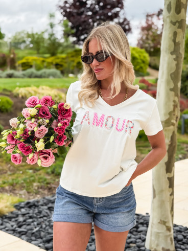 T-shirt "Amour" - Blanc/Rose