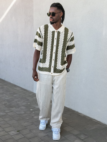 Chemise lignée en crochet Amir - Beige/Vert