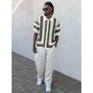Chemise lignée en crochet Amir - Beige/Vert