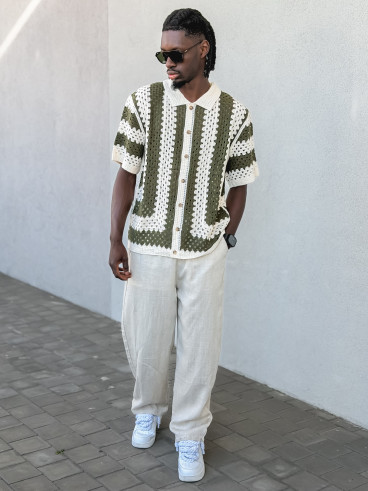 Chemise lignée en crochet Amir - Beige/Vert