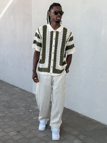Chemise lignée en crochet Amir - Beige/Vert