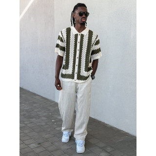 Chemise lignée en crochet Amir - Beige/Vert