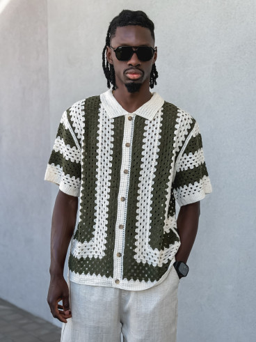 Chemise lignée en crochet Amir - Beige/Vert