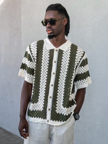 Chemise lignée en crochet Amir - Beige/Vert
