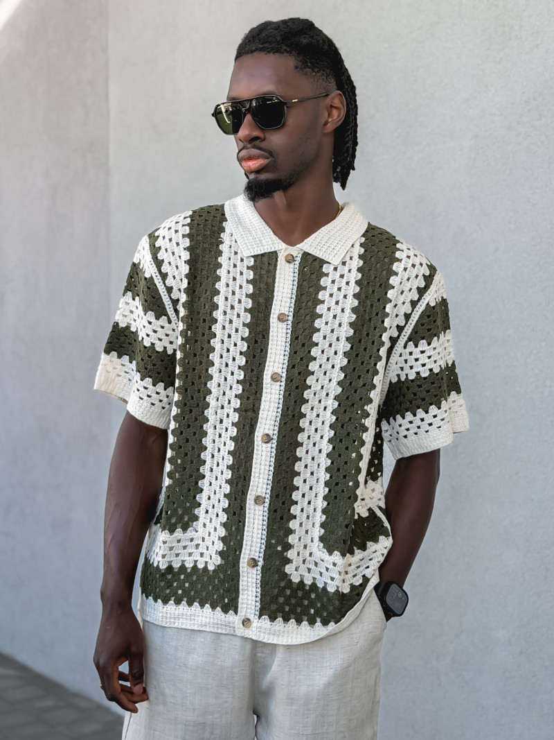 Chemise lignée en crochet Amir - Beige/Vert