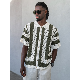 Chemise lignée en crochet Amir - Beige/Vert