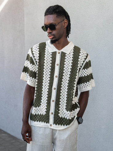 Chemise lignée en crochet Amir - Beige/Vert