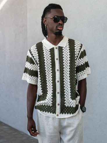 Chemise lignée en crochet Amir - Beige/Vert