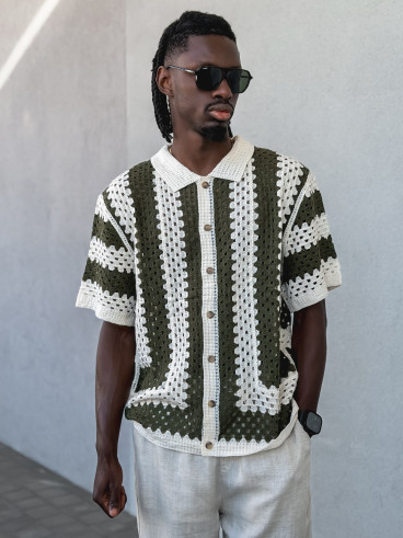Chemise lignée en crochet Amir - Beige/Vert