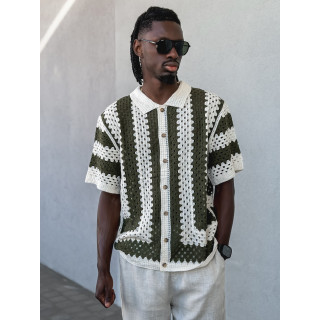 Chemise lignée en crochet Amir - Beige/Vert