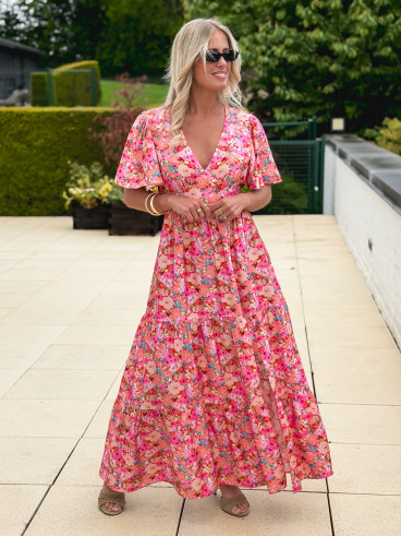 Robe longue à fleurs Fadia - Rose