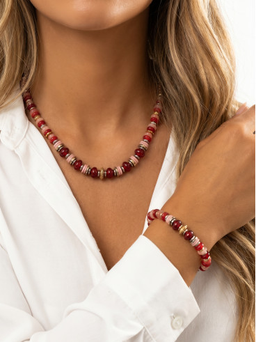 Collier perlé Yaël Rouge/Rose
