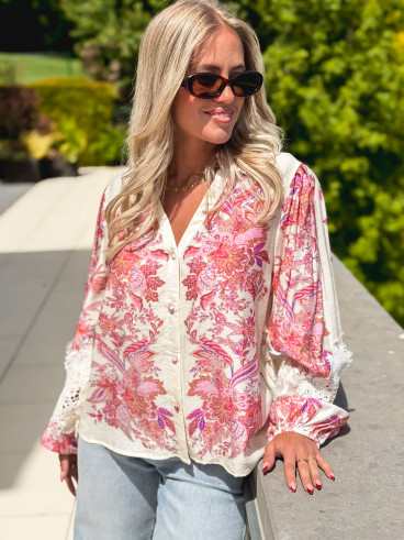 Chemise à motifs Kaïna - Ecru/Rose