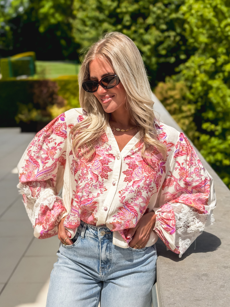 Chemise à motifs Kaïna - Ecru/Rose